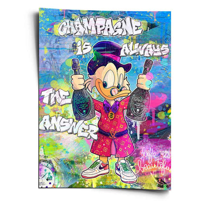 Vibrant pop art poster featuring Scrooge McDuck holding champagne, wearing a luxe patterned outfit and sneakers against a neon multi-layered background.