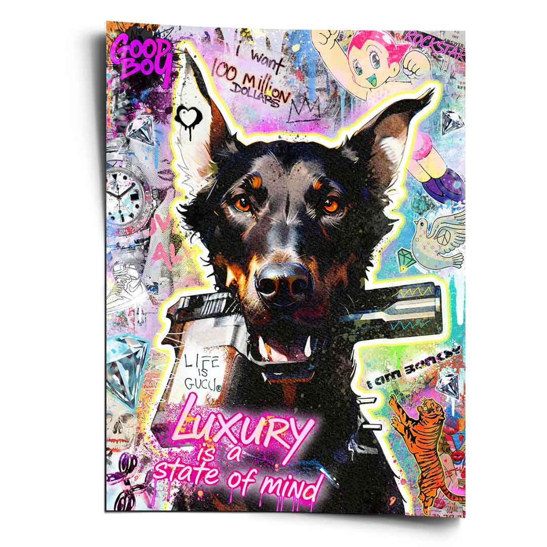 Vibrant Doberman with glowing orange eyes in neon graffiti urban art style