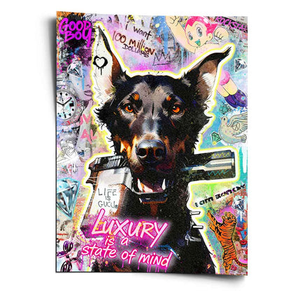Vibrant Doberman with glowing orange eyes in neon graffiti urban art style