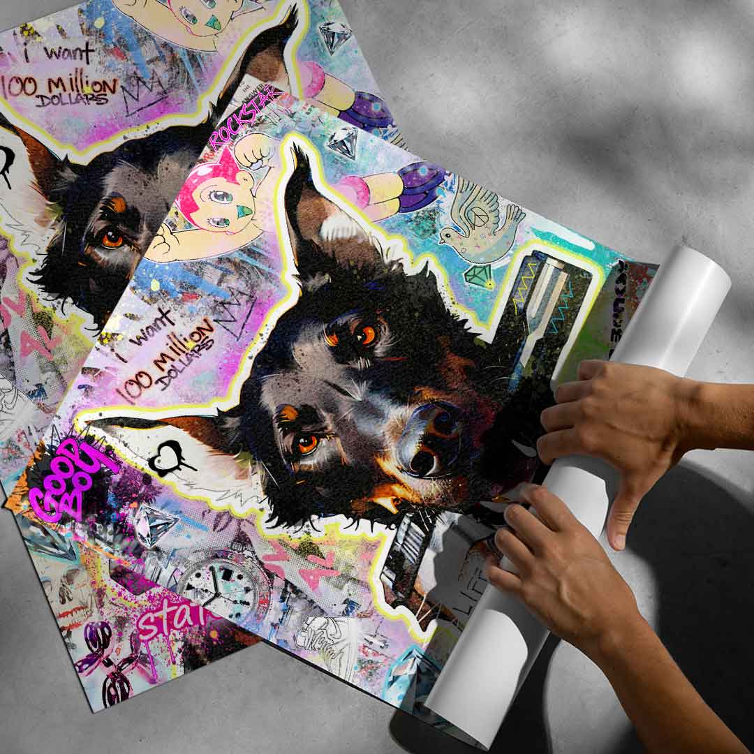 Modern industrial interior featuring edgy Doberman luxury wall art from the Pop Graffiti collection