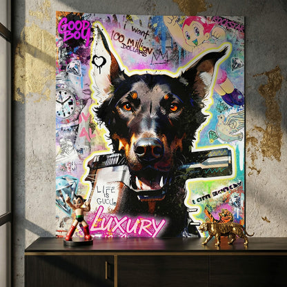 Doberman holding a firearm amid layered street art and pop art motifs