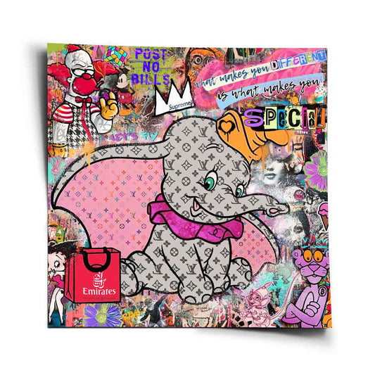 Dumbo poster with Louis Vuitton monogram and pink collar in a bright pop graffiti collage