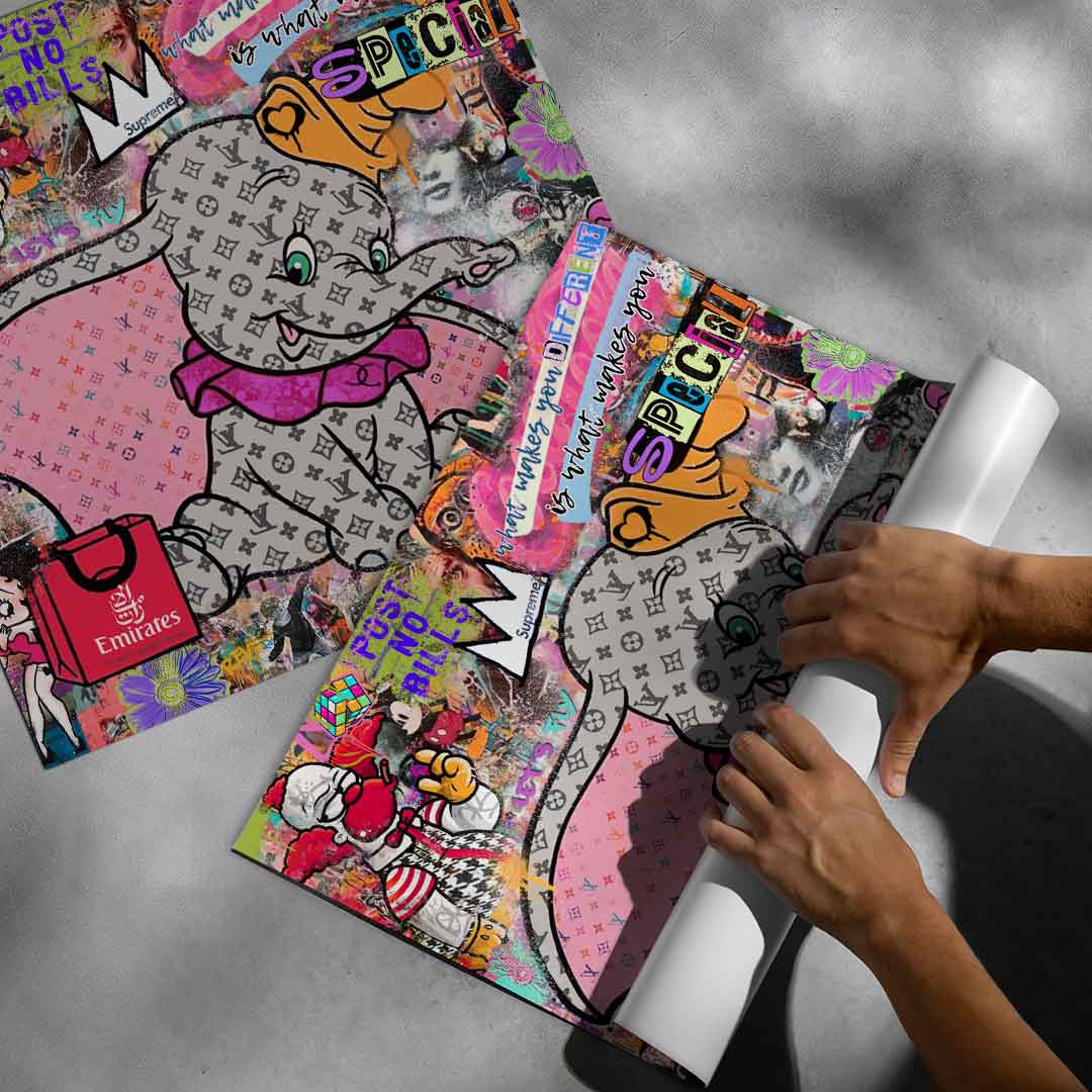 Eclectic art print blending Dumbo, Mickey Mouse, Pink Panther and luxury branding