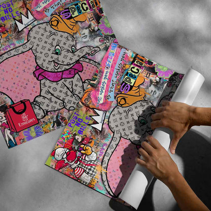 Eclectic art print blending Dumbo, Mickey Mouse, Pink Panther and luxury branding
