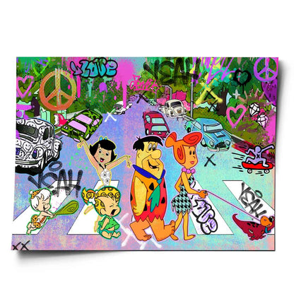 The Flintstones characters Fred, Wilma, Pebbles, Bam-Bam, and Dino crossing a zebra crossing in a neon graffiti city.