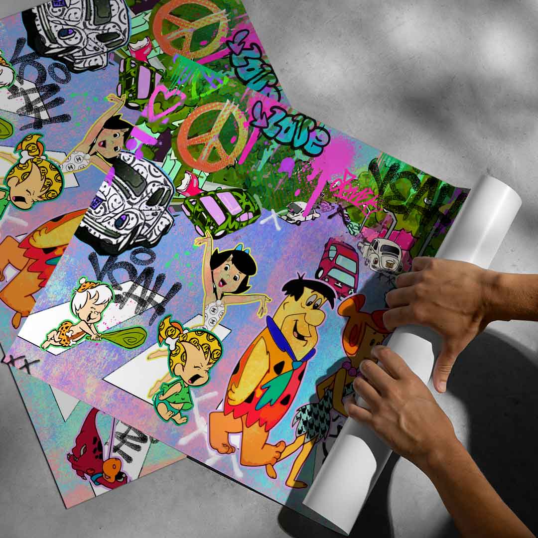 Dynamic blend of retro cartoon nostalgia with modern pop art in a bold urban setting.