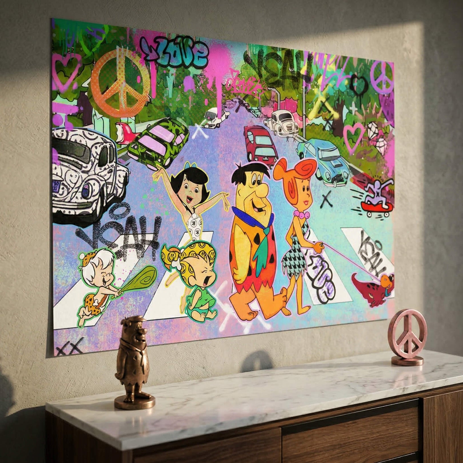 Graffiti-style typography with hearts, diamonds, and the word YEAH surrounding the Flintstones.