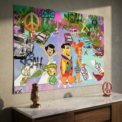 Fred Flintstone, Wilma, Pebbles, Bam-Bam, and Dino in a neon green, pink, and purple graffiti backdrop.