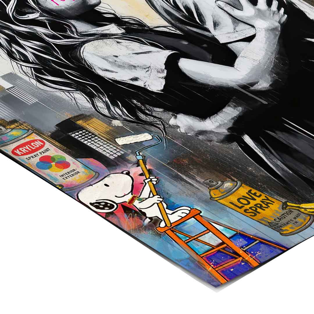 Campbell's spray can and Snoopy cameo integrated into the street art scene
