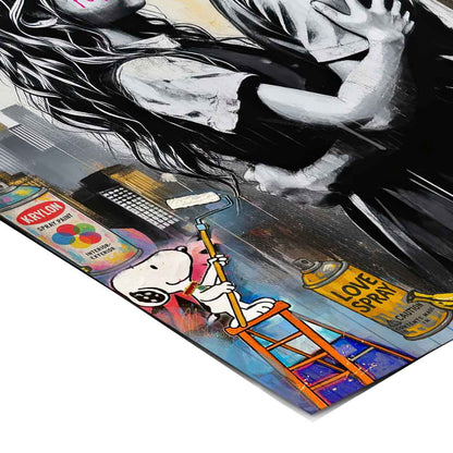 Campbell's spray can and Snoopy cameo integrated into the street art scene