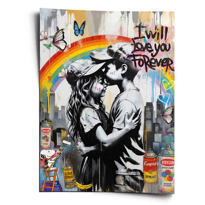 Grayscale embrace of a boy and girl beneath a rainbow over an urban skyline with butterflies and neon hearts