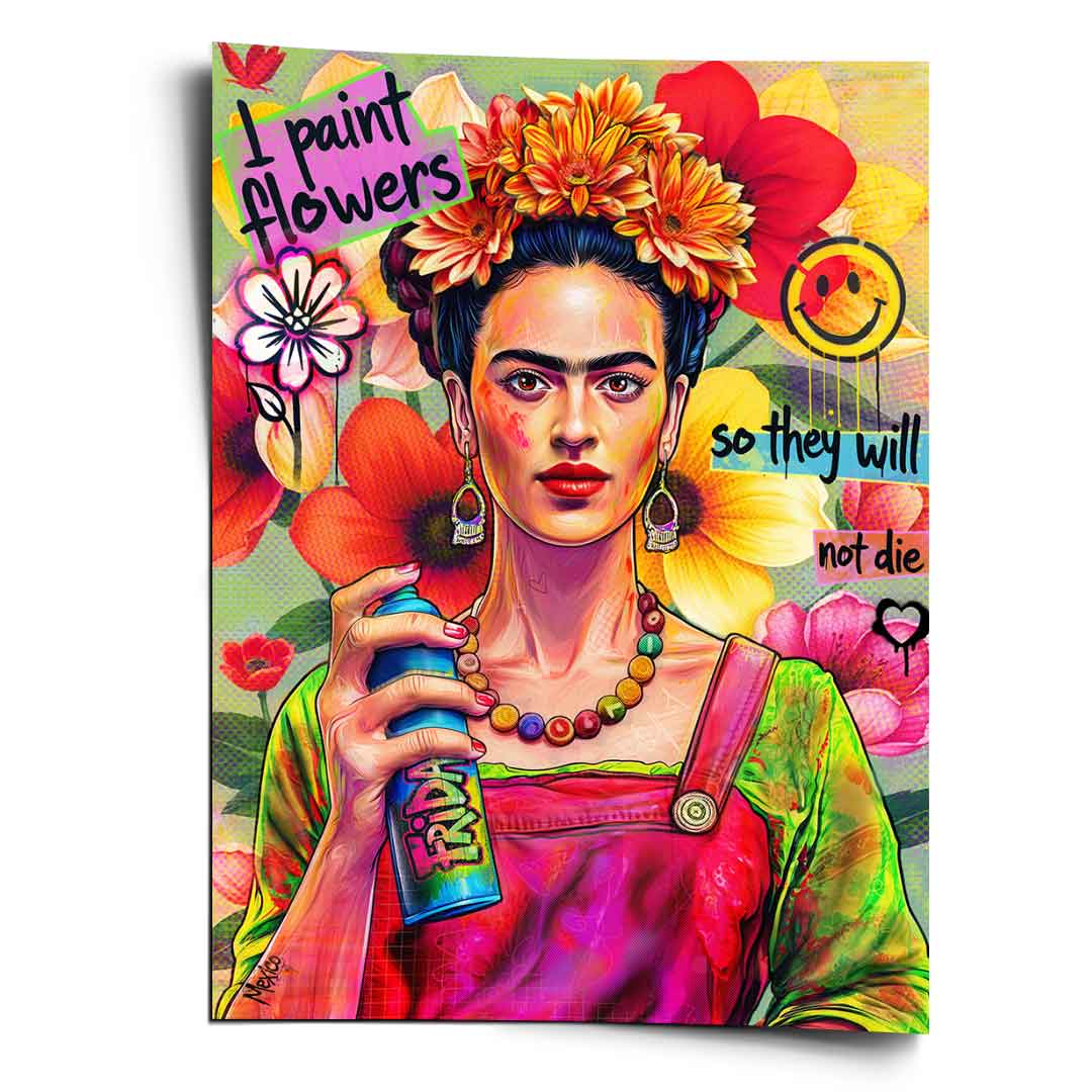 Vibrant Frida Kahlo-inspired pop graffiti poster showing a stylized Frida with a flower crown, spray can, and bold floral background
