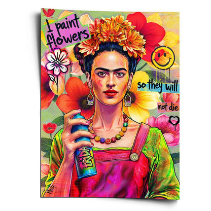 Vibrant Frida Kahlo-inspired pop graffiti poster showing a stylized Frida with a flower crown, spray can, and bold floral background