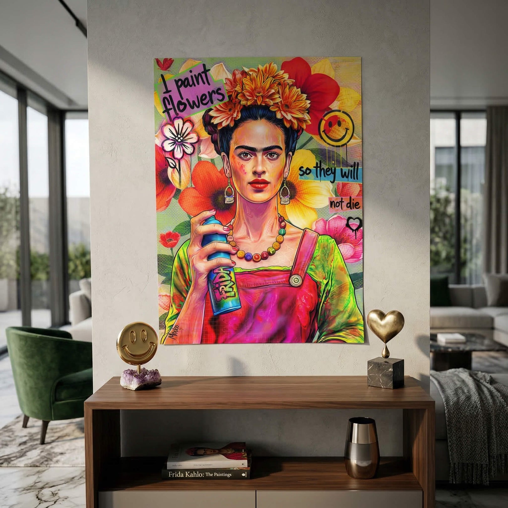 Close-up of Frida Kahlo style face with flower crown and graffiti accents in vivid colors