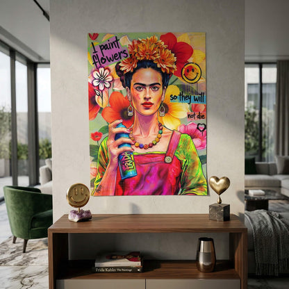 Close-up of Frida Kahlo style face with flower crown and graffiti accents in vivid colors