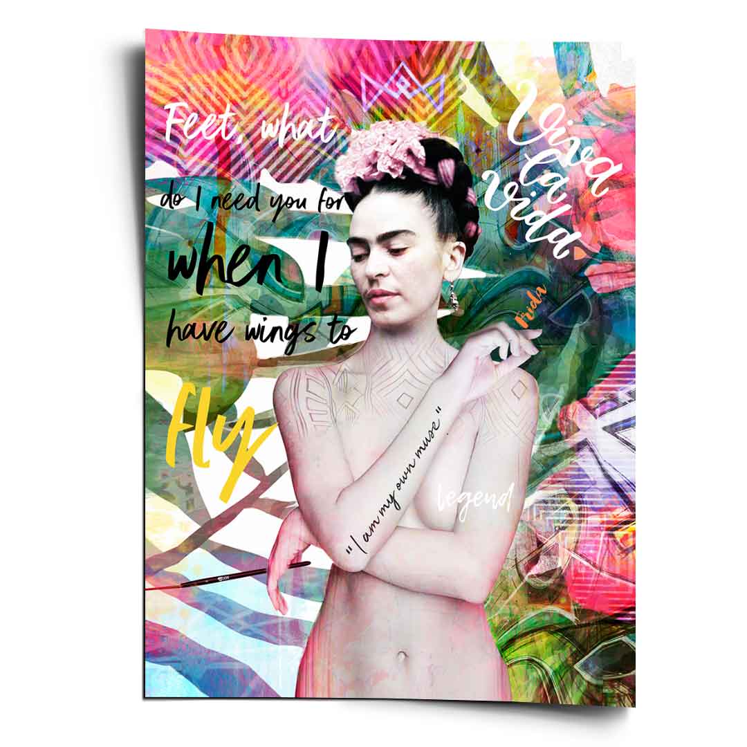 Stylized Frida Kahlo-inspired portrait with flower crown on a bright kaleidoscopic background
