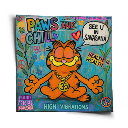 Garfield the cat in a meditative pose wearing a gold Om pendant in a vibrant pop-art style