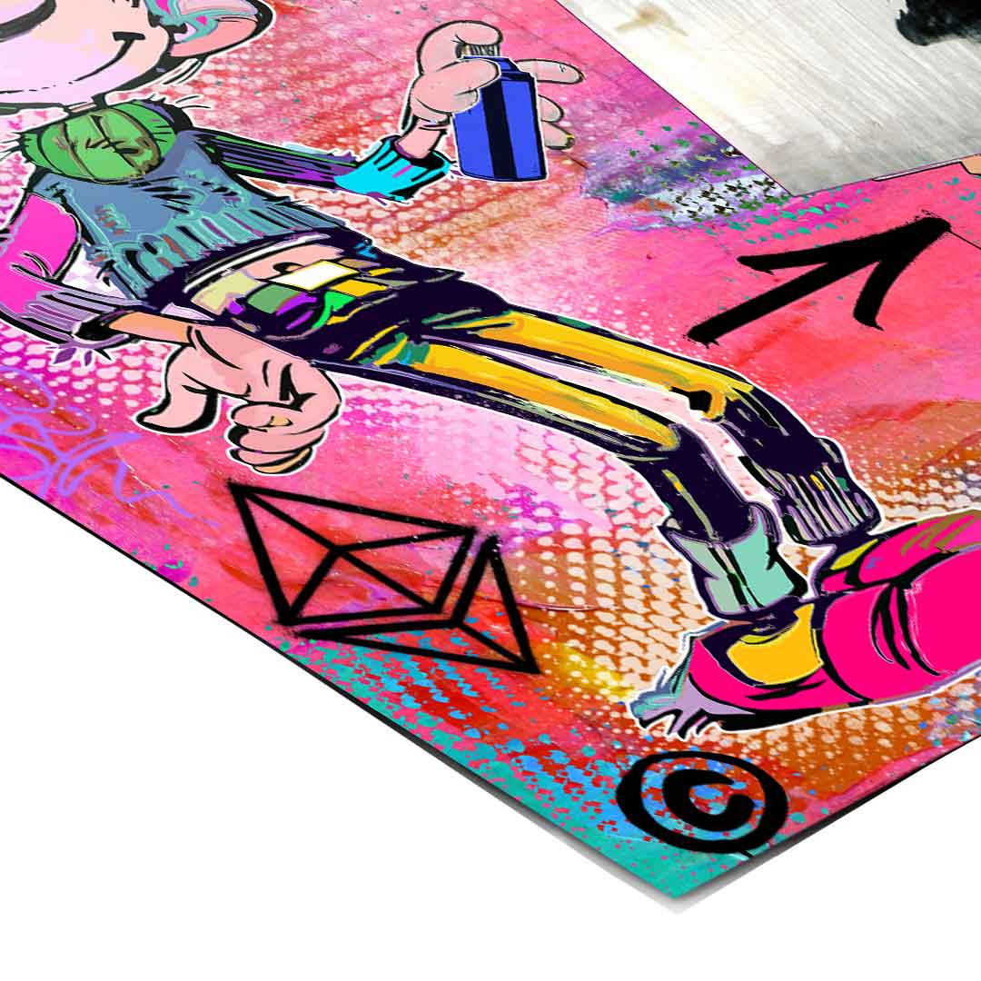 Energetic fusion of graffiti, cartoon charm, and modern art with bold color contrasts.