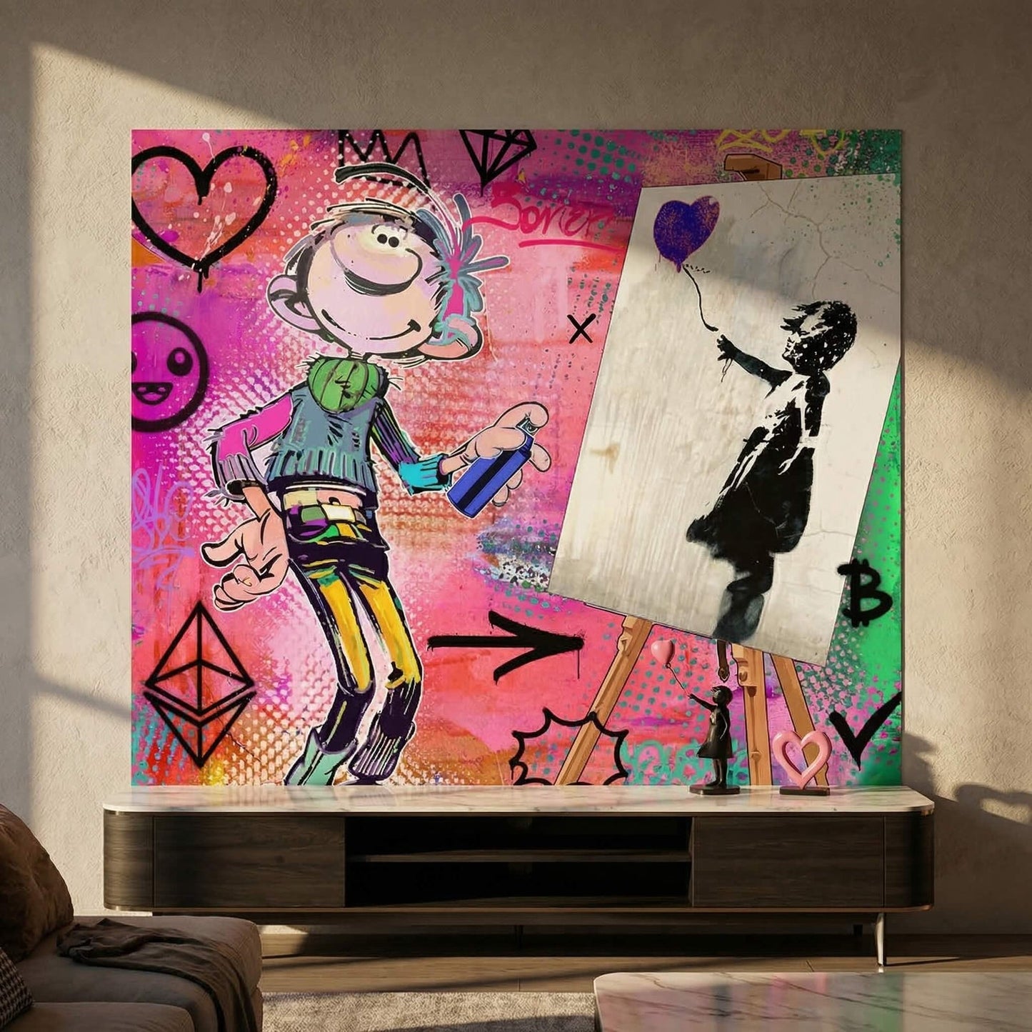 Right-side easel featuring a Banksy-inspired Girl with Balloon reimagined with a purple heart.