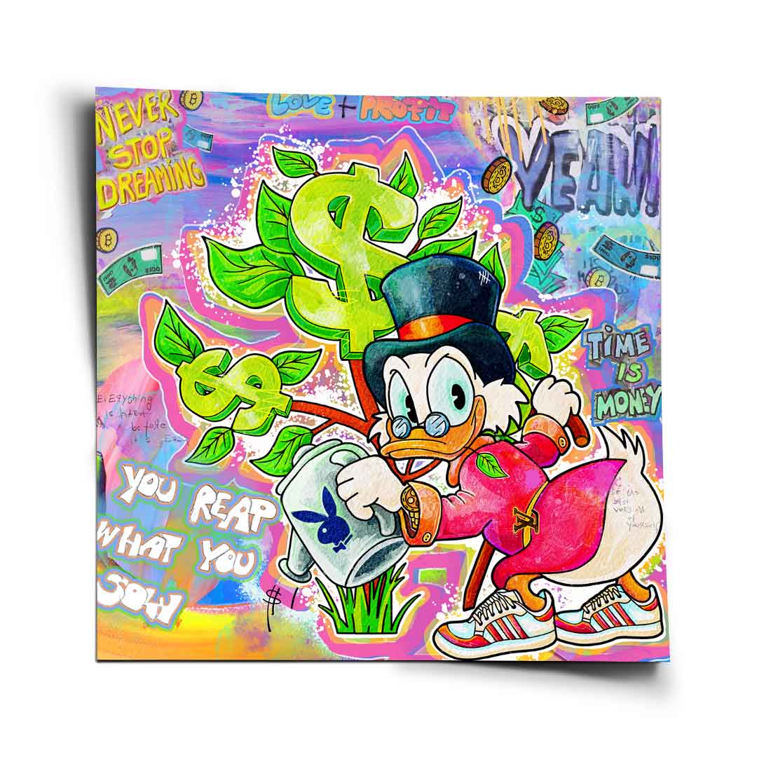 Vibrant Money Tree poster featuring Scrooge McDuck watering a tree with dollar-sign leaves in a neon pop art graffiti style