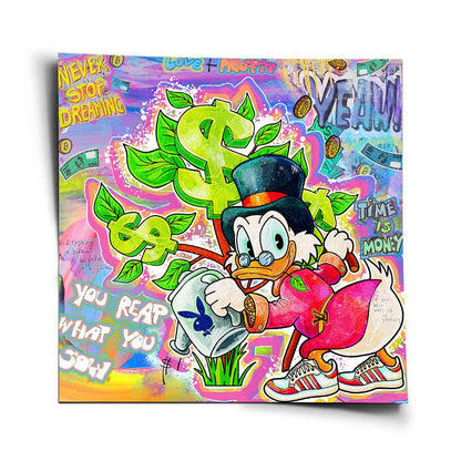 Vibrant Money Tree poster featuring Scrooge McDuck watering a tree with dollar-sign leaves in a neon pop art graffiti style