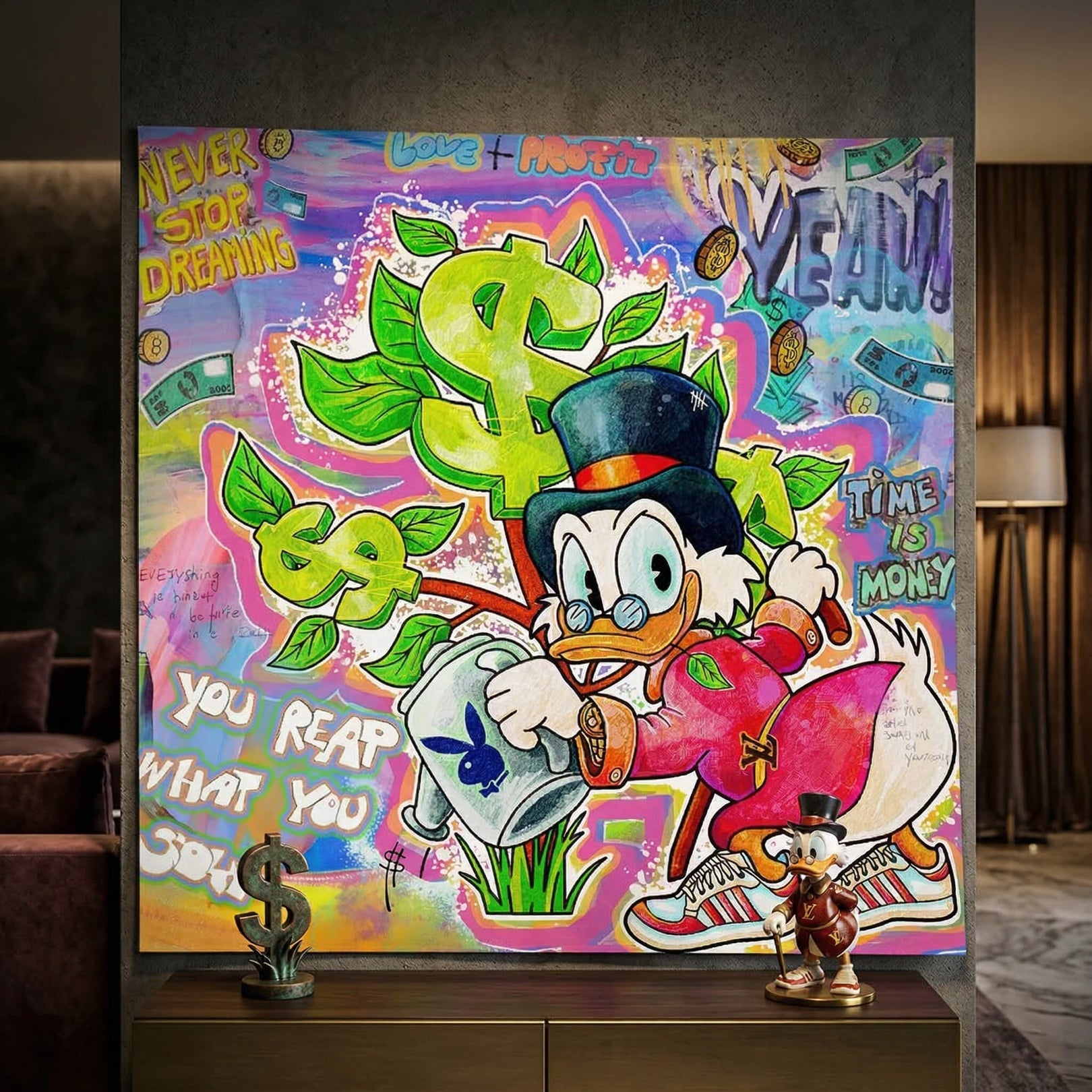 Graffiti-style background with bold neon colors and urban art elements around the Money Tree