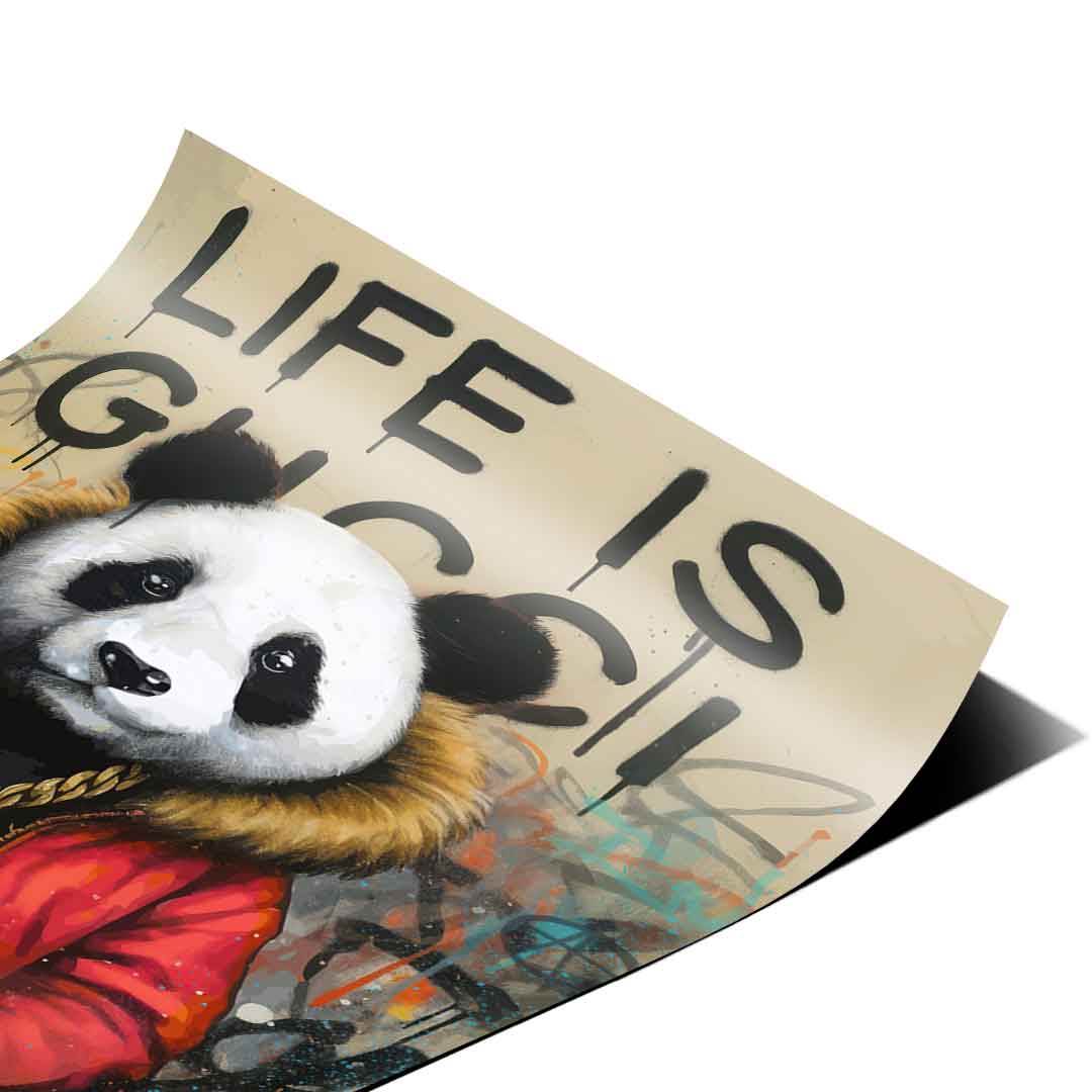 Dynamic graffiti tags, splatters, and paint drips framing the panda in an urban street art style.