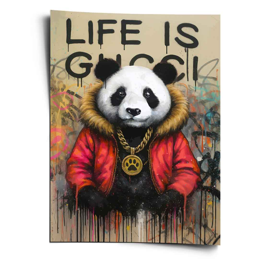 Panda wearing a red fur-lined parka with a gold paw-print chain amid colorful graffiti on a distressed beige background.