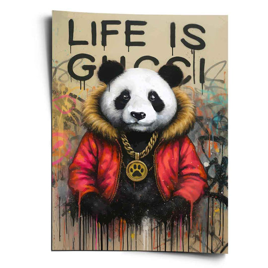 Panda wearing a red fur-lined parka with a gold paw-print chain amid colorful graffiti on a distressed beige background.