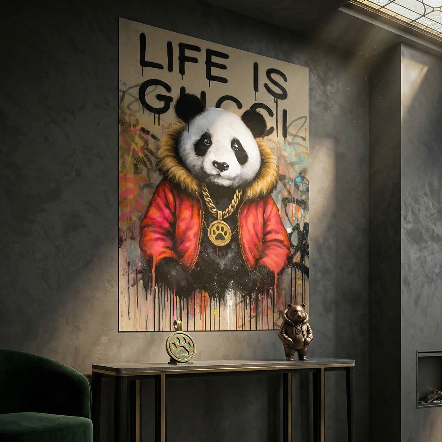 Close-up of a realistic panda portrait with luxury branding elements against a vibrant graffiti backdrop.