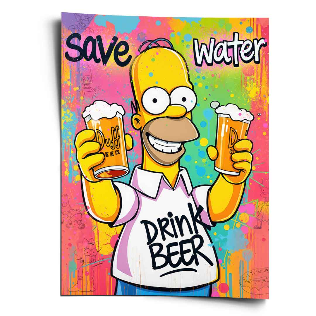 Homer Simpson in a vibrant graffiti-style background holding two foamy Duff Beer glasses.