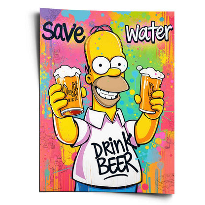 Homer Simpson in a vibrant graffiti-style background holding two foamy Duff Beer glasses.