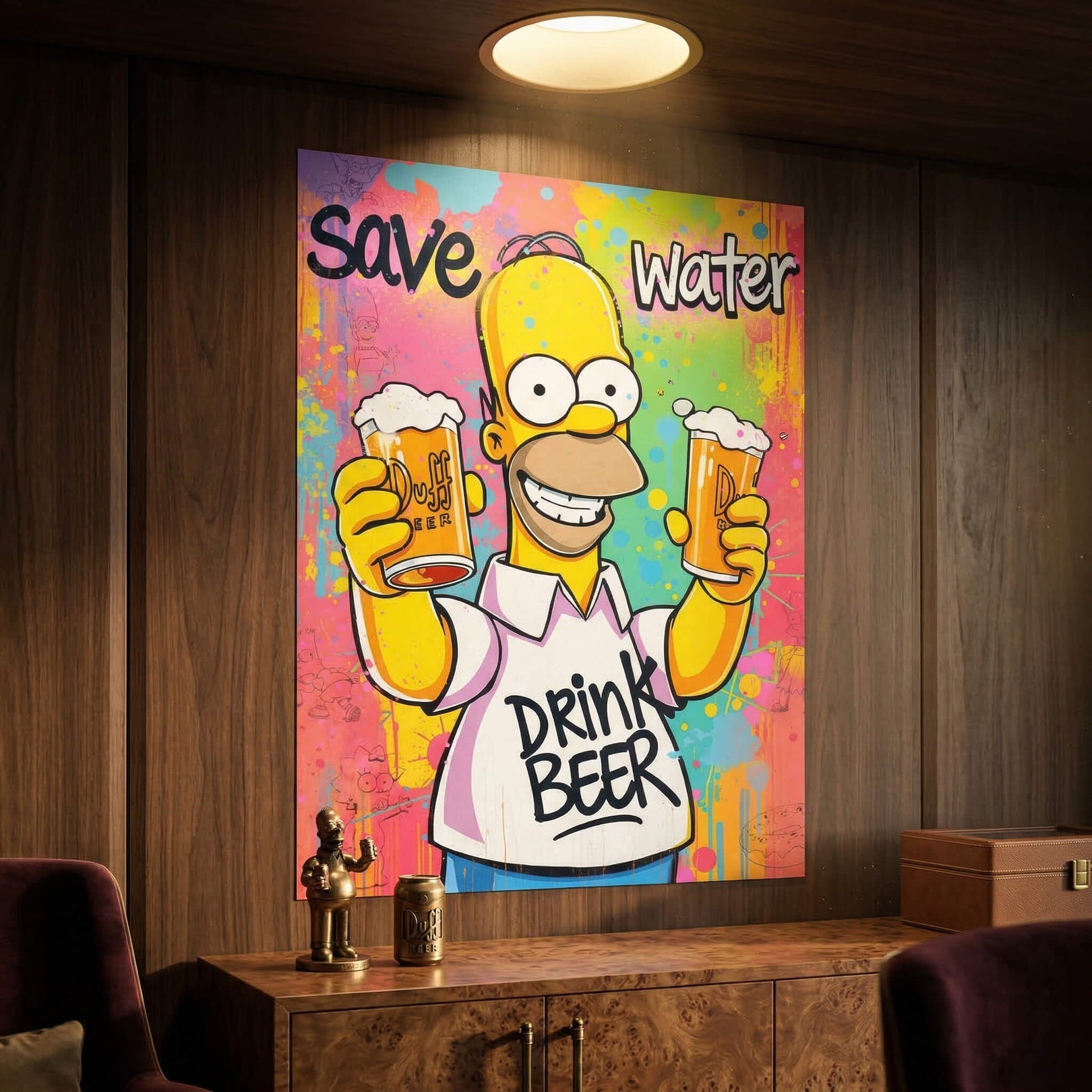 Bold pop art portrait of Homer surrounded by bright splashes of pink, blue, yellow, and green.