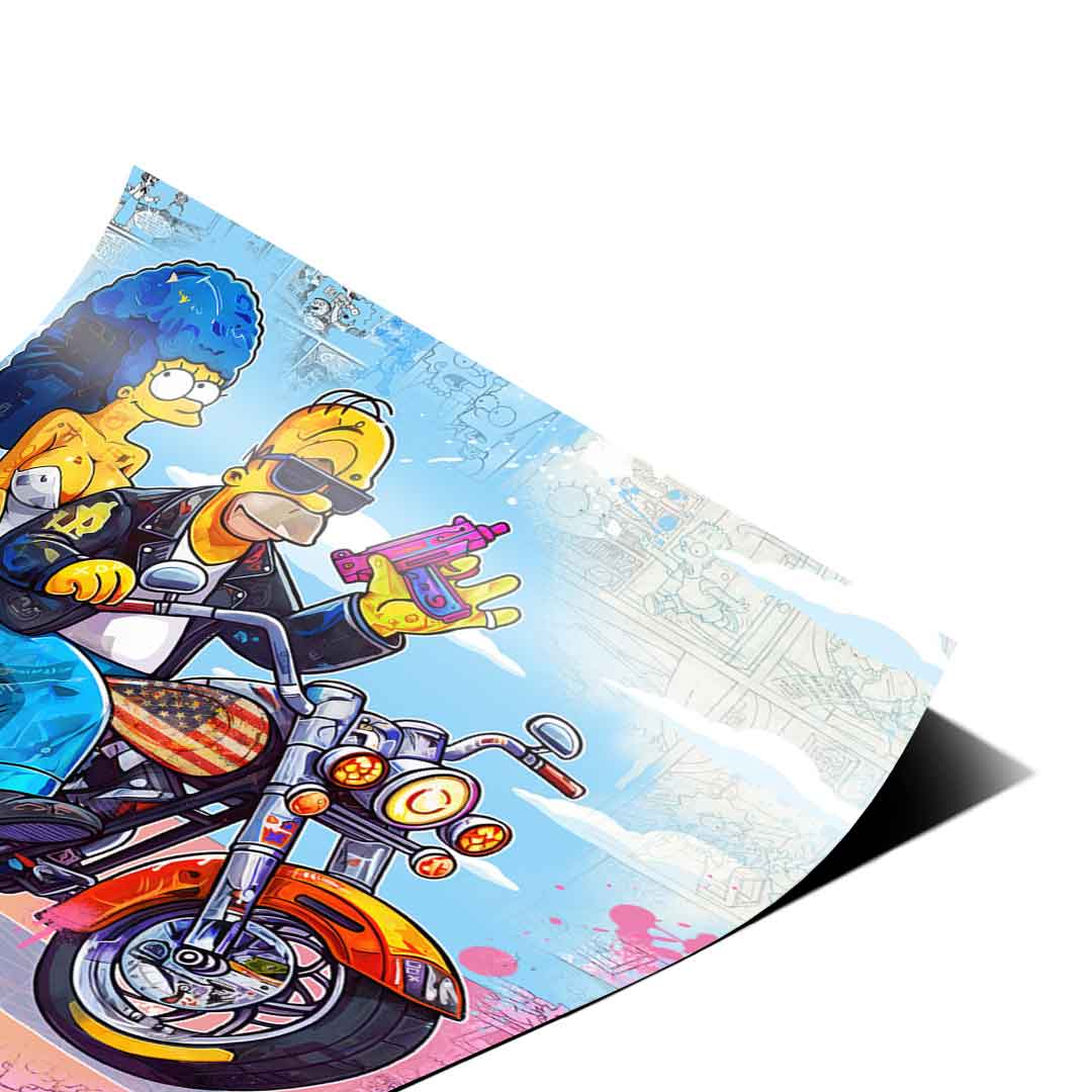 Edgy, humorous take on classic cartoons blending biker culture with pop art for modern wall decor.