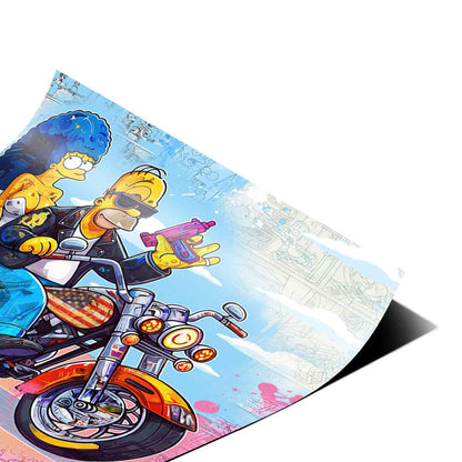 Edgy, humorous take on classic cartoons blending biker culture with pop art for modern wall decor.