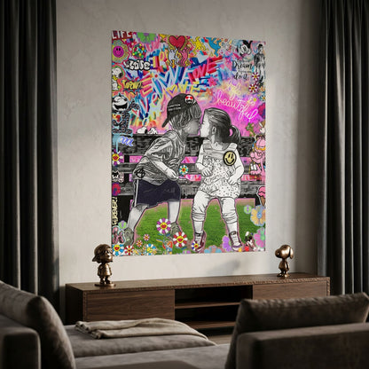 Bold graffiti and pop art elements in a maximalist wall art composition