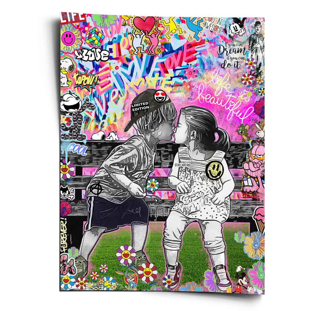 Grayscale children on a park bench with a colorful graffiti backdrop