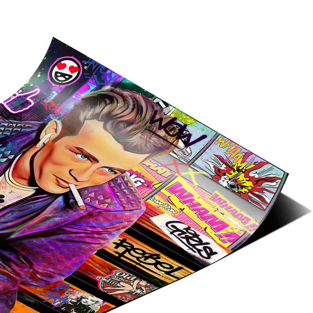 Comic-style background with WHAM! and WOW! exclamations and graffiti tags like Rebel and Girls.