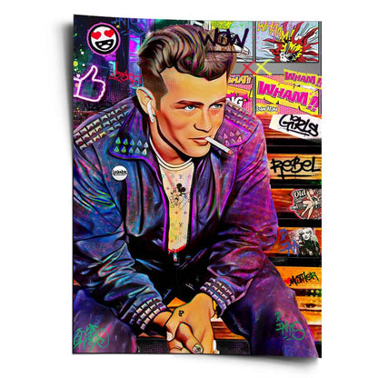 James Bench poster featuring a James Dean-inspired rebel figure in a studded leather jacket rendered in electric purple, blue, and neon pink.