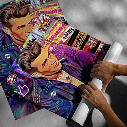 Living space showcasing bold James Bench poster as a statement wall art in a modern industrial interior.