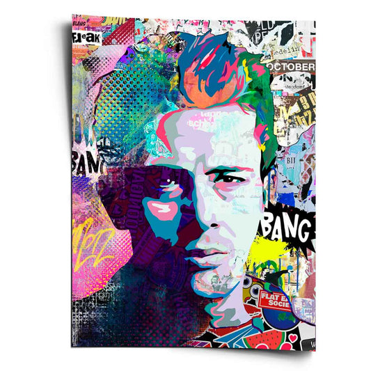 Vibrant Pop Art collage portrait with neon pinks and blues, halftone dots, and graffiti textures.