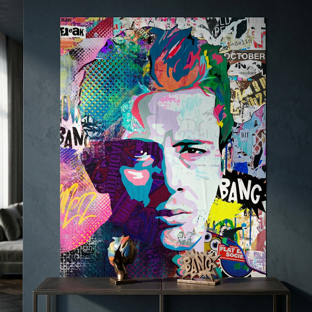 Torn-paper collage elements and bold text snippets like FREAK and BANG in a dynamic urban poster.