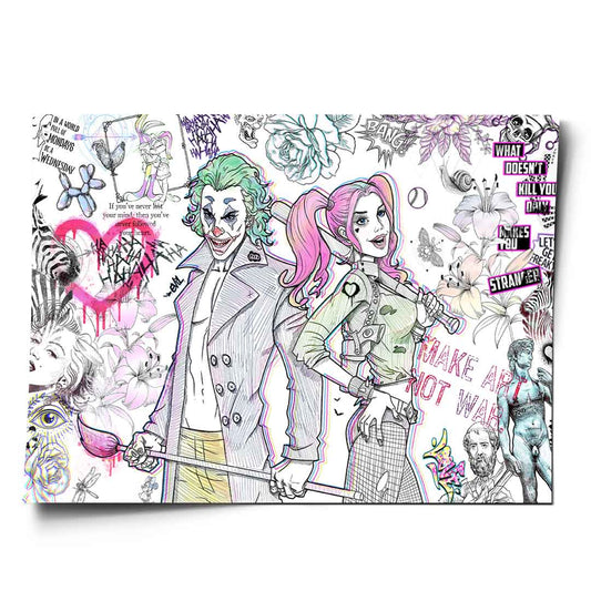 Joker and Harley Quinn-inspired wall art with black-and-white line art and pink, green, and yellow color splashes.