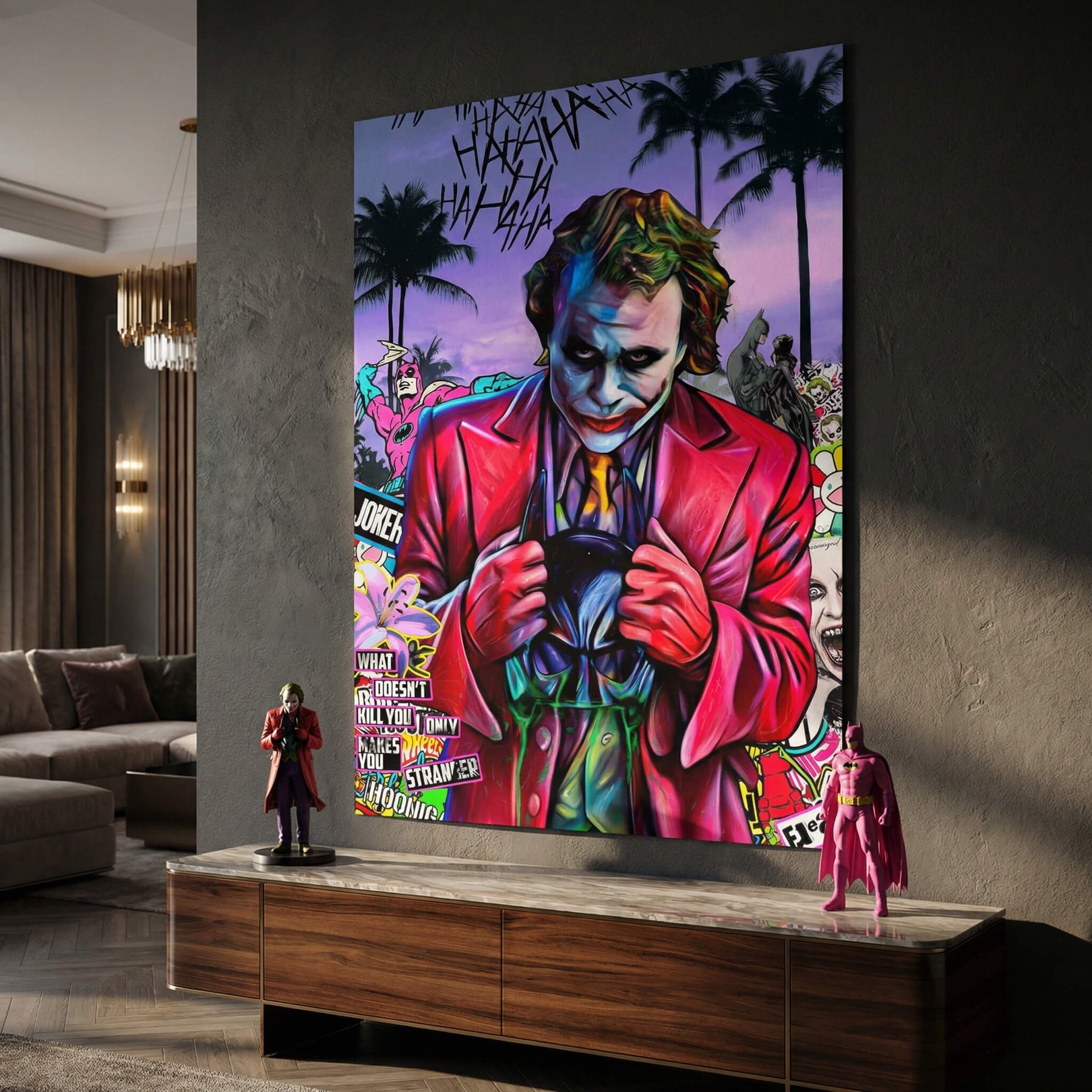 Dynamic pop art and street art collage with graffiti elements around the Joker.