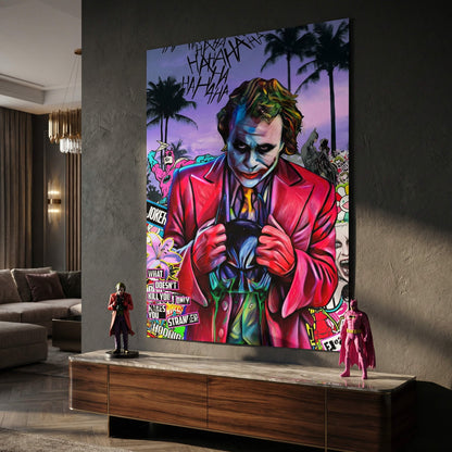 Dynamic pop art and street art collage with graffiti elements around the Joker.