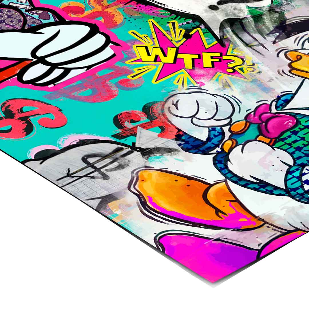 Bold graffiti textures with cartoon ducks and bright color blocks in an urban poster design