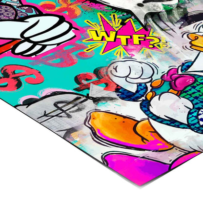 Bold graffiti textures with cartoon ducks and bright color blocks in an urban poster design