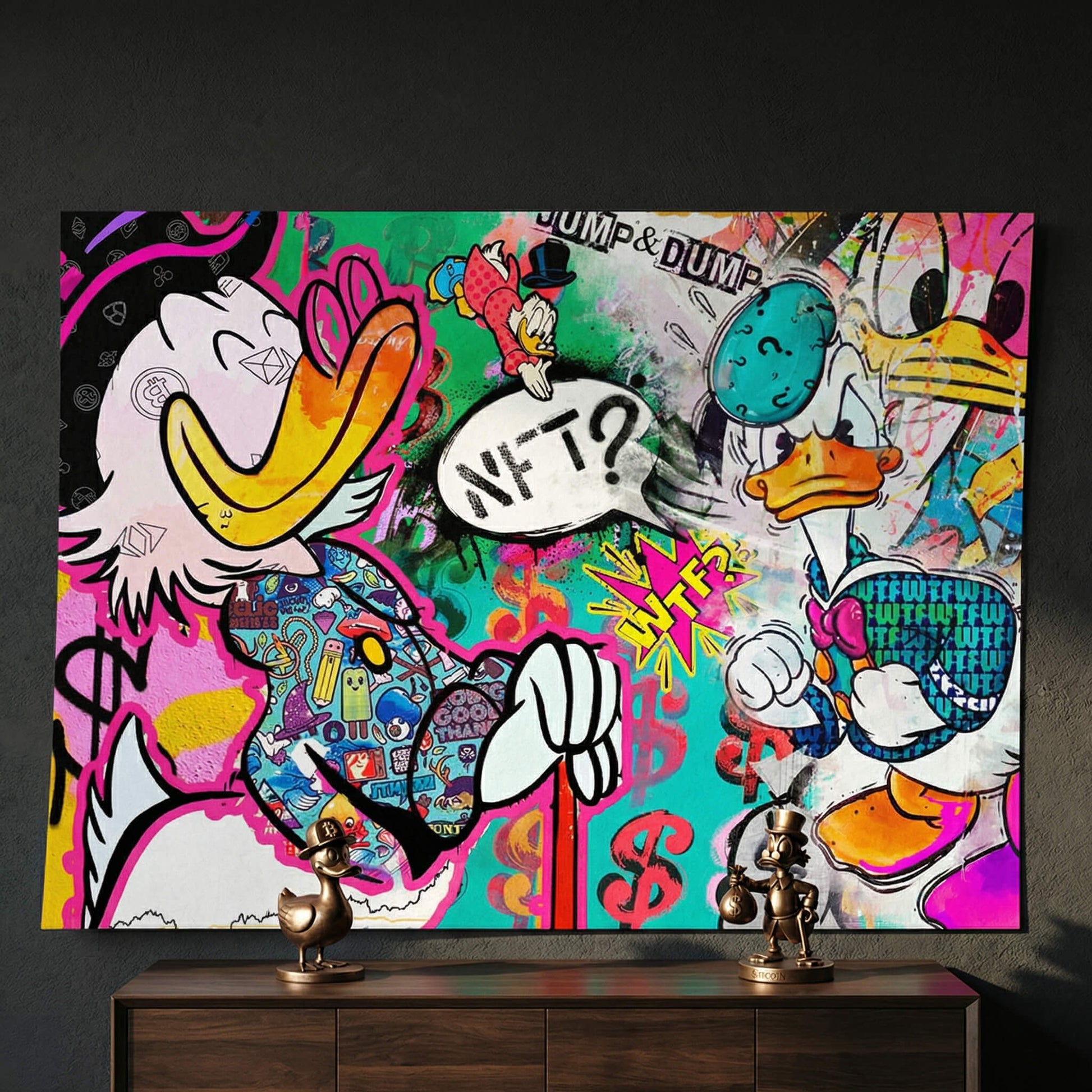 Jump & Dump figure plunging from above in vivid neon pink, electric blue, and lime green