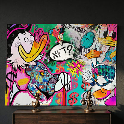Jump & Dump figure plunging from above in vivid neon pink, electric blue, and lime green