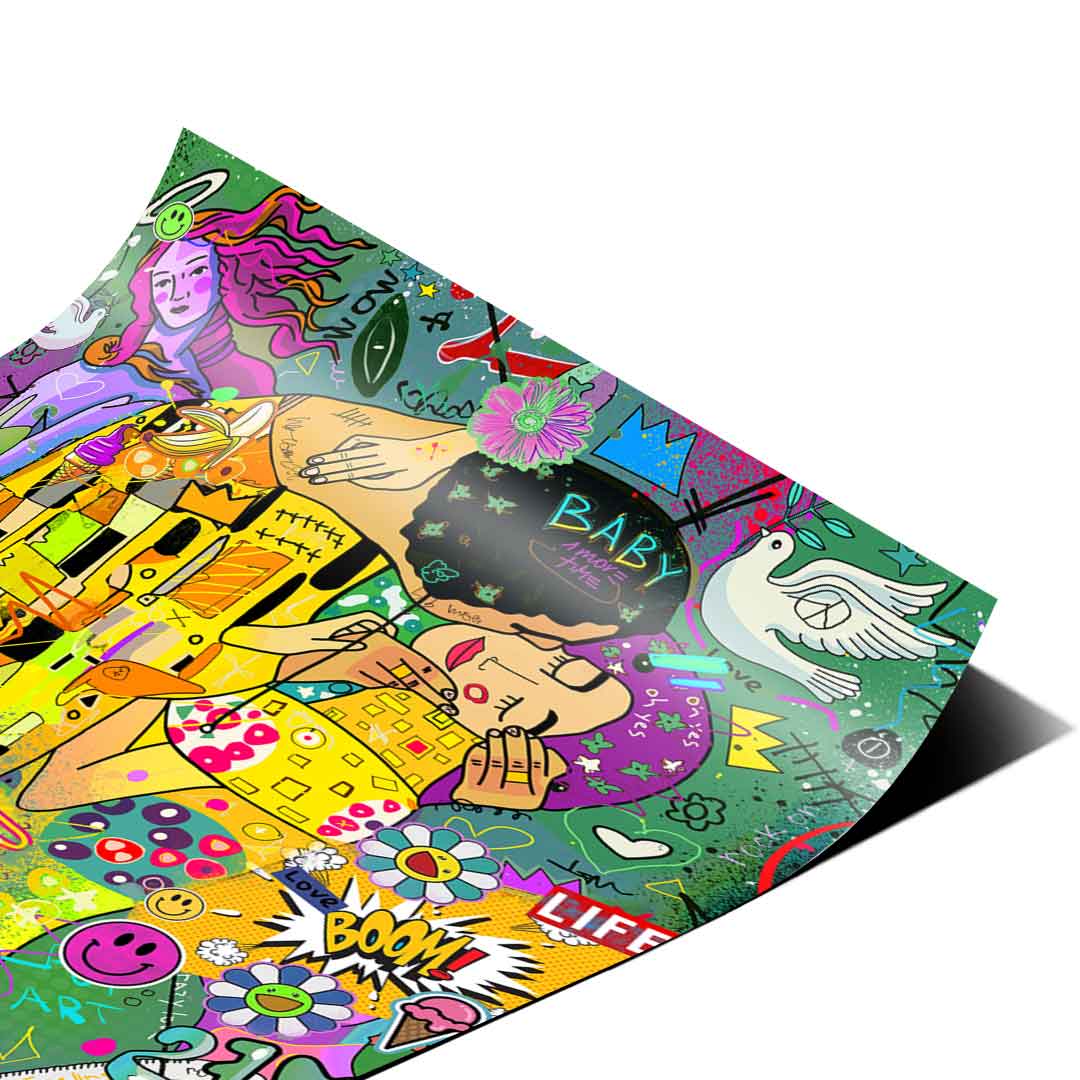 Angelic figure and peace dove among colorful street-art elements on Klimt Green Poster